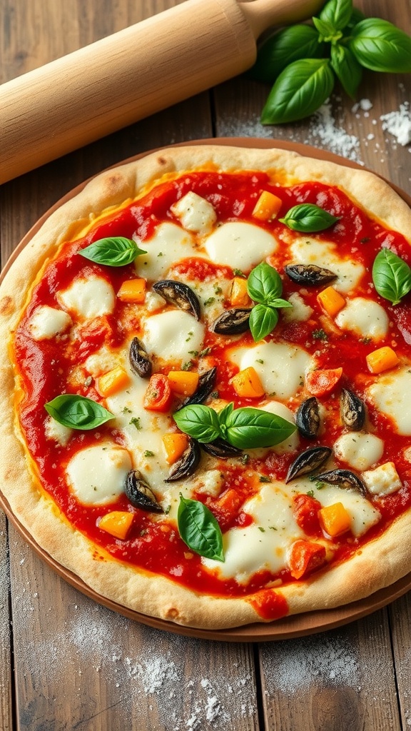 Gluten-Free Pizza Dough with Xanthan Gum Recipe Homemade gluten-free pizza with tomato sauce, cheese, and vegetables on a wooden table.